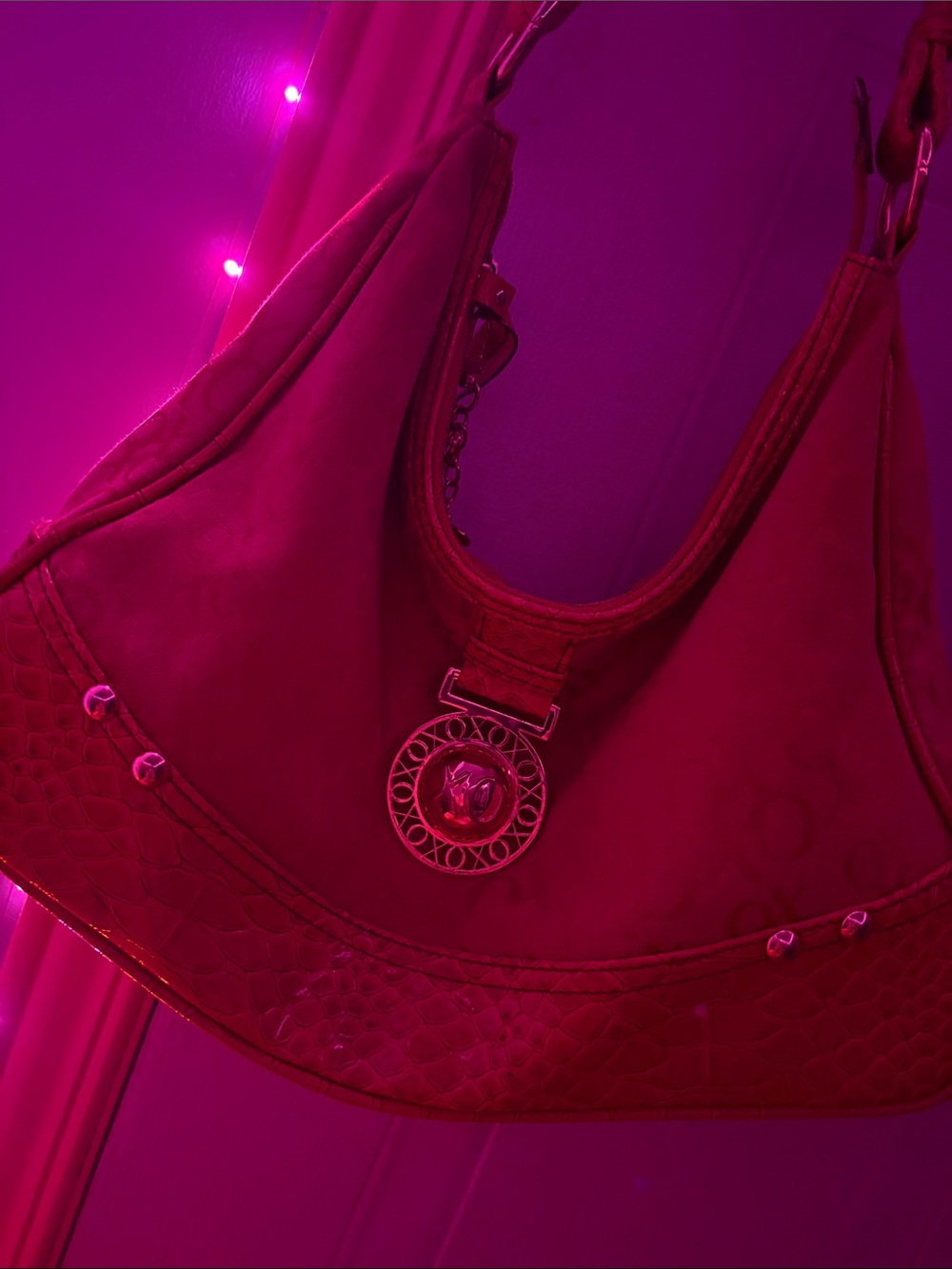 XOXO Pink Hobo Shoulder Bag with Decorative Medallion